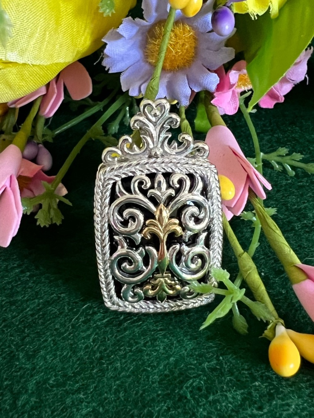 Ornate Filigree Pendant/Enhancer Silver & Gold Tones